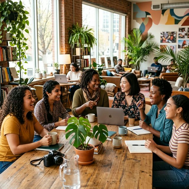 Women of color collaborating in a vibrant coworking sanctuary